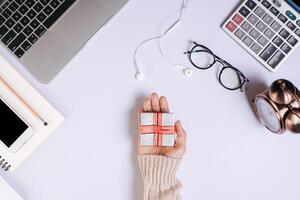 Flat lay, top view office table desk. Workspace background. photo