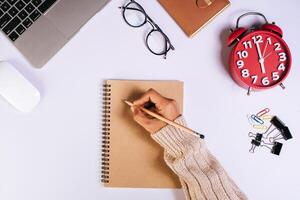 Flat lay, top view office table desk. Workspace background. photo