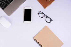 Flat lay, top view office table desk. Workspace background. photo