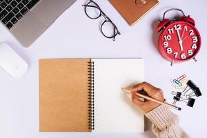 Flat lay, top view office table desk. Workspace background. photo