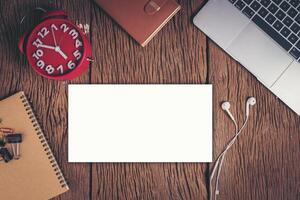 Flat lay, top view office table desk. Workspace background. photo