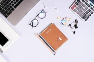 Flat lay, top view office table desk. Workspace background. photo