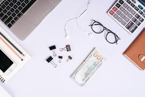 Flat lay, top view office table desk. Workspace background. photo