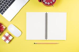 Flat lay, top view office table desk. Workspace background. photo