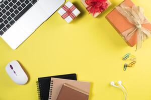 Flat lay, top view office table desk. Workspace background. photo