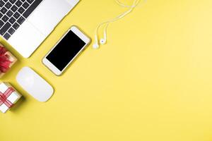 Flat lay, top view office table desk. Workspace background. photo