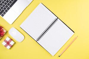 Flat lay, top view office table desk. Workspace background. photo