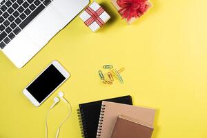 Flat lay, top view office table desk. Workspace background. photo