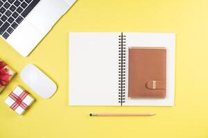 Flat lay, top view office table desk. Workspace background. photo