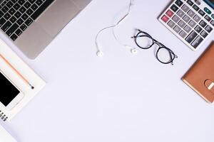 Flat lay, top view office table desk. Workspace background. photo