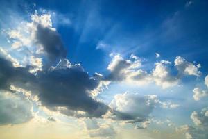 Beautiful blue sky with clouds and sun rays photo