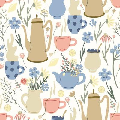 Herbal seamless pattern with wildflowers, mugs and teapots