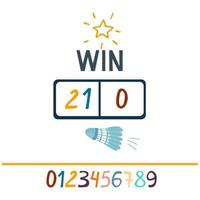 ganar letras. marcador de bádminton con la puntuación de 21 y 0. vector