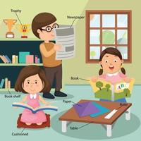 children reading the book at home with related vocabulary index vector
