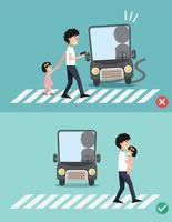 watch your step.man with child on the crosswalk vector