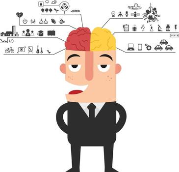 empresario con icono de funciones del cerebro izquierdo y derecho vector