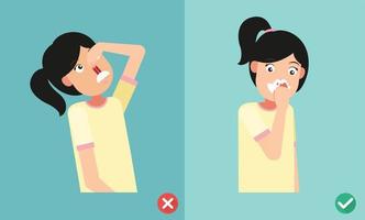 wrong and right for first aid for nasal bleeding vector