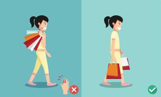 wrong and right ways for hand holding shopping bags vector