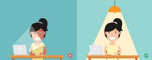 wrong and right for proper lighting in the room illustration vector