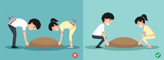 Improper versus against proper lifting ,illustration vector