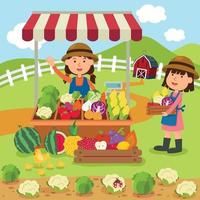 mujer vende verduras frescas y frutas productos caseros vector