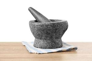Stone Mortar and Pestle on wooden table photo
