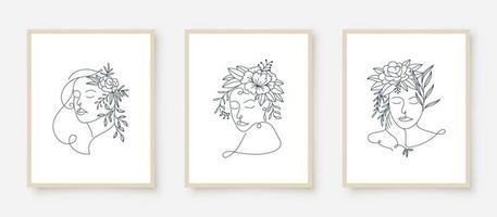 set of woman portraits line art floral frame vector