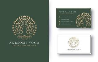 Yoga meditation with abstract tree logo design vector