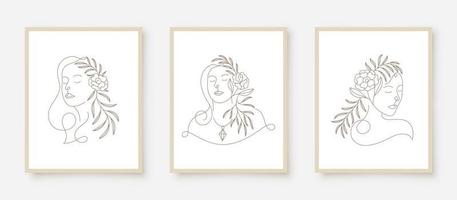 beauty woman faces in line art floral frame vector