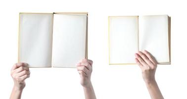 Hand holding pastel book on white background photo