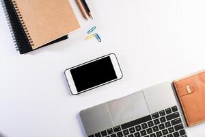 Flat lay, top view office table desk. Workspace background. photo