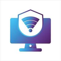 computer with security shield icon. safe computing icon vector