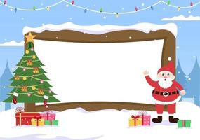 feliz navidad con santa claus o muñeco de nieve de dibujos animados en el letrero vector