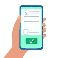 Hand holding smartphone with medical RX blank on screen vector