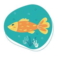 Golden happy fish on blue background with seaweed vector