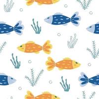 patrón sin costuras con peces amarillos y azules, coral vector