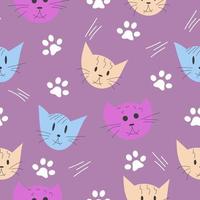 Cat, paw seamless pattern, colourful hand drawn vector