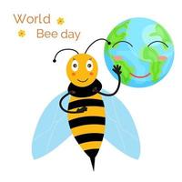 día mundial de las abejas. abeja sonriente, planeta feliz vector