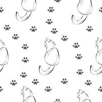 Cat, paw seamless pattern, outline sketch print vector