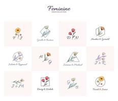 Beautiful minimalistic floral logos with bridal names and initials vector