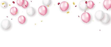 globos blancos rosados, vacaciones de plantilla de diseño de concepto de confeti vector