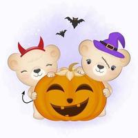 Cute bear and bat with pumpkin. Halloween illustration vector