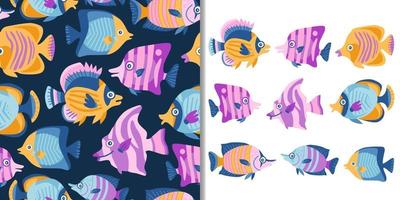 Tropical sea set with seamless pattern and cute fish, vector design
