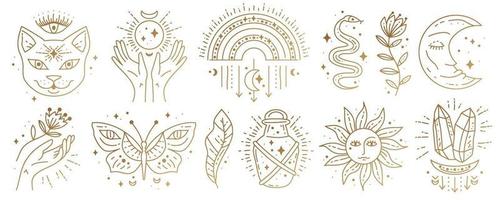 Set of magic boho symbols. Golden minimal line art. vector