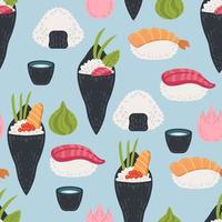 Rollos de kawaii de patrones sin fisuras y fondo de sushi. diseño de comida de mar vector