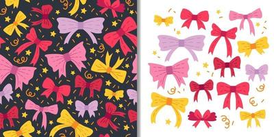 Beautiful bows set with seamless pattern and  butterfly tie elements vector