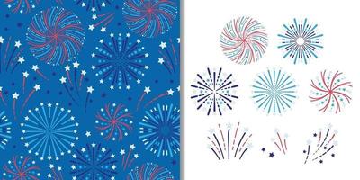 Holidays fireworks set with seamless pattern and festival decoration vector