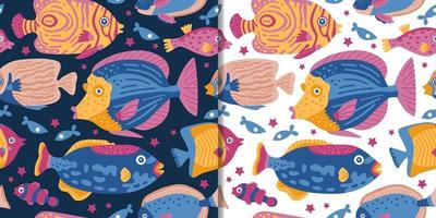 Tropical sea set with seamless pattern and cute fish, vector design