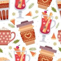 Christmas sweets seamless pattern with winter hot drinks