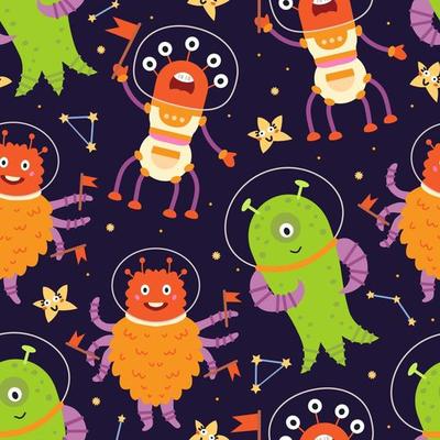 Space alien astronaut seamless pattern in cartoon style. Vector